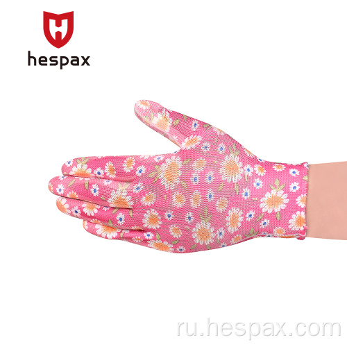Hespax Flower Printed 13G PU с покрытием садовые перчатки